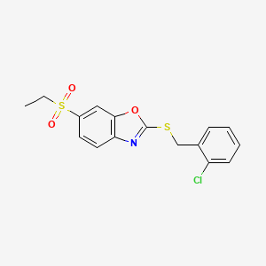 molecular formula C16H14ClNO3S2 B5377343 2-[(2-chlorobenzyl)thio]-6-(ethylsulfonyl)-1,3-benzoxazole 