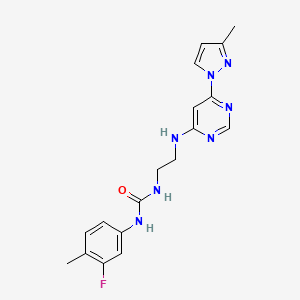 molecular formula C18H20FN7O B5378904 N-(3-fluoro-4-methylphenyl)-N'-(2-{[6-(3-methyl-1H-pyrazol-1-yl)-4-pyrimidinyl]amino}ethyl)urea 