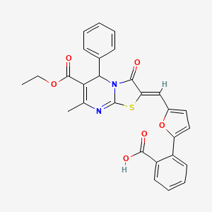 molecular formula C28H22N2O6S B5380083 2-(5-{[6-(ethoxycarbonyl)-7-methyl-3-oxo-5-phenyl-5H-[1,3]thiazolo[3,2-a]pyrimidin-2(3H)-ylidene]methyl}-2-furyl)benzoic acid 