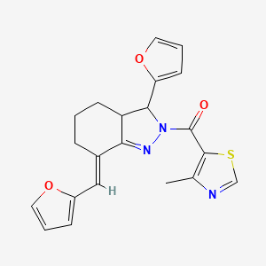 molecular formula C21H19N3O3S B5380389 3-(2-furyl)-7-(2-furylmethylene)-2-[(4-methyl-1,3-thiazol-5-yl)carbonyl]-3,3a,4,5,6,7-hexahydro-2H-indazole 