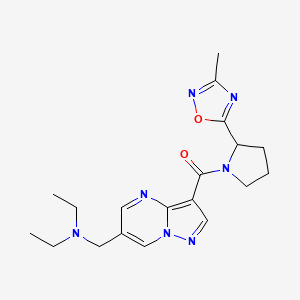 molecular formula C19H25N7O2 B5380471 N-ethyl-N-[(3-{[2-(3-methyl-1,2,4-oxadiazol-5-yl)pyrrolidin-1-yl]carbonyl}pyrazolo[1,5-a]pyrimidin-6-yl)methyl]ethanamine 