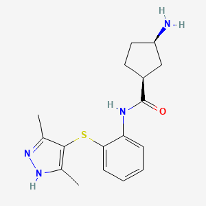 molecular formula C17H22N4OS B5381108 (1S*,3R*)-3-amino-N-{2-[(3,5-dimethyl-1H-pyrazol-4-yl)thio]phenyl}cyclopentanecarboxamide 
