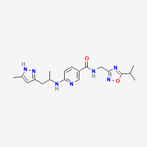 molecular formula C19H25N7O2 B5382088 N-[(5-isopropyl-1,2,4-oxadiazol-3-yl)methyl]-6-{[1-methyl-2-(3-methyl-1H-pyrazol-5-yl)ethyl]amino}nicotinamide 
