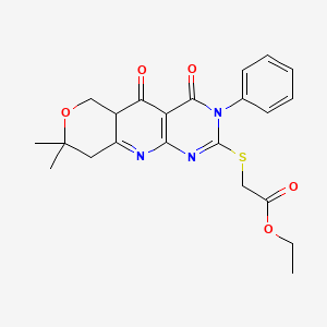 ethyl 2-[(13,13-dimethyl-7,9-dioxo-6-phenyl-12-oxa-2,4,6-triazatricyclo[8.4.0.03,8]tetradeca-1,3(8),4-trien-5-yl)sulfanyl]acetate