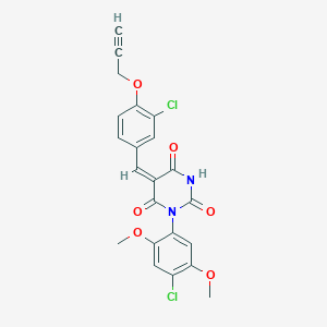 molecular formula C22H16Cl2N2O6 B5387419 (5E)-1-(4-chloro-2,5-dimethoxyphenyl)-5-[(3-chloro-4-prop-2-ynoxyphenyl)methylidene]-1,3-diazinane-2,4,6-trione 