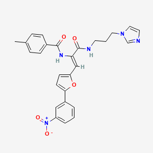 molecular formula C27H25N5O5 B5387681 N-{1-({[3-(1H-imidazol-1-yl)propyl]amino}carbonyl)-2-[5-(3-nitrophenyl)-2-furyl]vinyl}-4-methylbenzamide 