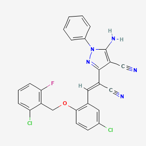 molecular formula C26H16Cl2FN5O B5393274 5-amino-3-[(Z)-2-[5-chloro-2-[(2-chloro-6-fluorophenyl)methoxy]phenyl]-1-cyanoethenyl]-1-phenylpyrazole-4-carbonitrile 