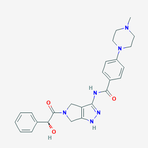 molecular formula C25H28N6O3 B539353 N-{5-[(2R)-2-hydroxy-2-phenylacetyl]-1H,4H,5H,6H-pyrrolo[3,4-c]pyrazol-3-yl}-4-(4-methylpiperazin-1-yl)benzamide 