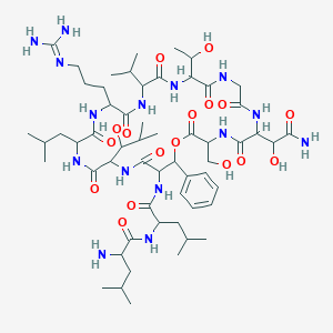molecular formula C57H95N15O17 B053936 2-氨基-N-[1-[[6-(2-氨基-1-羟基-2-氧代乙基)-18-[3-(二氨基亚甲基氨基)丙基]-12-(1-羟基乙基)-3-(羟甲基)-24-(1-羟基-2-甲基丙基)-21-(2-甲基丙基)-2,5,8,11,14,17,20,23,26-壬氧代-28-苯基-15-丙烷-2-基-1-氧杂-4,7,10,13,16,19,22,25-八氮环八二十八-27-基]氨基]-4-甲基-1-氧代戊烷-2-基]-4-甲基戊酰胺 CAS No. 116103-86-7