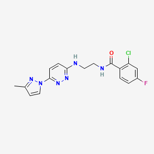 molecular formula C17H16ClFN6O B5395152 2-chloro-4-fluoro-N-(2-{[6-(3-methyl-1H-pyrazol-1-yl)-3-pyridazinyl]amino}ethyl)benzamide 