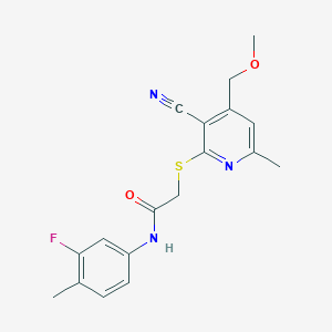 molecular formula C18H18FN3O2S B5395648 2-{[3-cyano-4-(methoxymethyl)-6-methyl-2-pyridinyl]thio}-N-(3-fluoro-4-methylphenyl)acetamide 