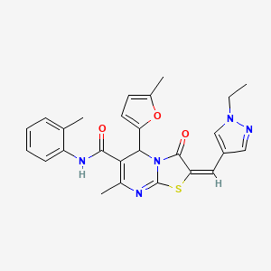 molecular formula C26H25N5O3S B5395770 2-[(1-ethyl-1H-pyrazol-4-yl)methylene]-7-methyl-5-(5-methyl-2-furyl)-N-(2-methylphenyl)-3-oxo-2,3-dihydro-5H-[1,3]thiazolo[3,2-a]pyrimidine-6-carboxamide 