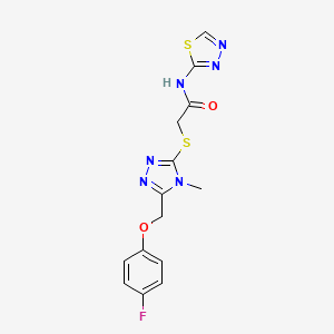 molecular formula C14H13FN6O2S2 B5397751 2-({5-[(4-fluorophenoxy)methyl]-4-methyl-4H-1,2,4-triazol-3-yl}thio)-N-1,3,4-thiadiazol-2-ylacetamide 