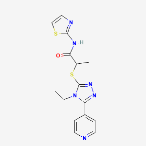 molecular formula C15H16N6OS2 B5400142 2-{[4-ethyl-5-(4-pyridinyl)-4H-1,2,4-triazol-3-yl]thio}-N-1,3-thiazol-2-ylpropanamide 