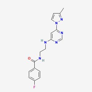 molecular formula C17H17FN6O B5401099 4-fluoro-N-(2-{[6-(3-methyl-1H-pyrazol-1-yl)-4-pyrimidinyl]amino}ethyl)benzamide 