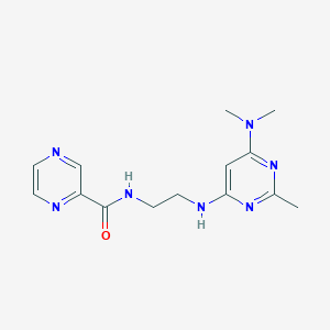 molecular formula C14H19N7O B5403082 N-(2-{[6-(dimethylamino)-2-methyl-4-pyrimidinyl]amino}ethyl)-2-pyrazinecarboxamide 