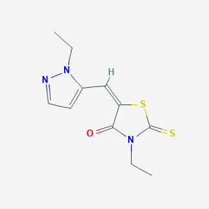 molecular formula C11H13N3OS2 B5413774 3-ETHYL-5-[(E)-1-(1-ETHYL-1H-PYRAZOL-5-YL)METHYLIDENE]-2-THIOXO-1,3-THIAZOLAN-4-ONE 