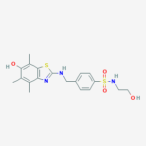 molecular formula C19H23N3O4S2 B054211 Benzenesulfonamide,N-(2-hydroxyethyl)-4-[[(6-hydroxy-4,5,7-trimethyl-2-benzothiazolyl)amino]methyl]- CAS No. 120164-48-9