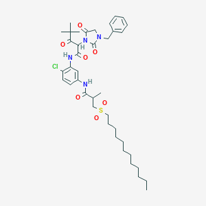 molecular formula C39H55ClN4O7S B054220 1-Imidazolidineacetamide, N-[2-chloro-5-[[3-(dodecylsulfonyl)-2-methyl-1-oxopropyl]amino]phenyl]-alpha-(2,2-dimethyl-1-oxopropyl)-2,5-dioxo-3-(phenylmethyl)- CAS No. 114747-29-4