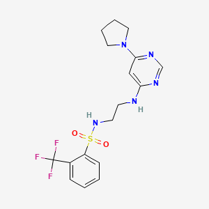 molecular formula C17H20F3N5O2S B5426321 N-(2-{[6-(1-pyrrolidinyl)-4-pyrimidinyl]amino}ethyl)-2-(trifluoromethyl)benzenesulfonamide 