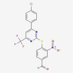 molecular formula C18H9ClF3N3O3S B5441898 4-{[4-(4-chlorophenyl)-6-(trifluoromethyl)-2-pyrimidinyl]thio}-3-nitrobenzaldehyde 