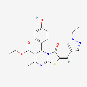 molecular formula C22H22N4O4S B5445879 ETHYL 2-[(E)-1-(1-ETHYL-1H-PYRAZOL-4-YL)METHYLIDENE]-5-(4-HYDROXYPHENYL)-7-METHYL-3-OXO-2,3-DIHYDRO-5H-[1,3]THIAZOLO[3,2-A]PYRIMIDINE-6-CARBOXYLATE 