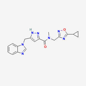 molecular formula C19H19N7O2 B5451004 5-(1H-benzimidazol-1-ylmethyl)-N-[(5-cyclopropyl-1,2,4-oxadiazol-3-yl)methyl]-N-methyl-1H-pyrazole-3-carboxamide 