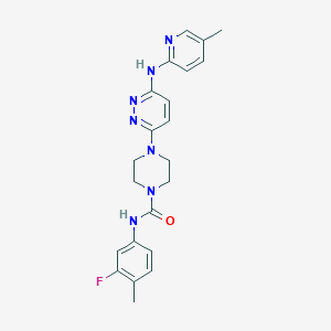 molecular formula C22H24FN7O B5452899 N-(3-fluoro-4-methylphenyl)-4-{6-[(5-methyl-2-pyridinyl)amino]-3-pyridazinyl}-1-piperazinecarboxamide 