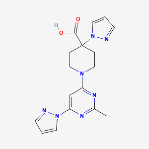 molecular formula C17H19N7O2 B5453646 1-[2-methyl-6-(1H-pyrazol-1-yl)pyrimidin-4-yl]-4-(1H-pyrazol-1-yl)piperidine-4-carboxylic acid 