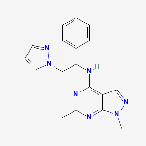molecular formula C18H19N7 B5458363 1,6-二甲基-N-[1-苯基-2-(1H-吡唑-1-基)乙基]-1H-吡唑并[3,4-d]嘧啶-4-胺 