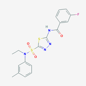 molecular formula C18H17FN4O3S2 B545998 N-(5-{[ethyl(3-methylphenyl)amino]sulfonyl}-1,3,4-thiadiazol-2-yl)-3-fluorobenzamide 