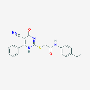 molecular formula C21H18N4O2S B546236 2-[(5-cyano-4-oxo-6-phenyl-1H-pyrimidin-2-yl)sulfanyl]-N-(4-ethylphenyl)acetamide 