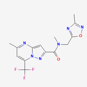molecular formula C14H13F3N6O2 B5463918 N,5-dimethyl-N-[(3-methyl-1,2,4-oxadiazol-5-yl)methyl]-7-(trifluoromethyl)pyrazolo[1,5-a]pyrimidine-2-carboxamide 