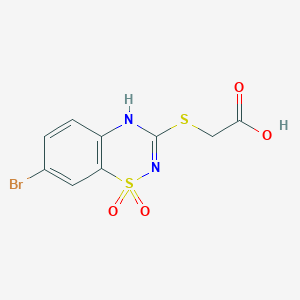 molecular formula C9H7BrN2O4S2 B054642 3-[(Carboxymethyl)thio]-7-bromo-4H-1,2,4-benzothiadiazine 1,1-dioxide CAS No. 114260-74-1