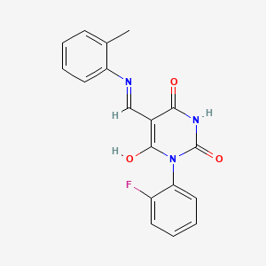 molecular formula C18H14FN3O3 B5466349 1-(2-fluorophenyl)-5-{[(2-methylphenyl)amino]methylene}-2,4,6(1H,3H,5H)-pyrimidinetrione 