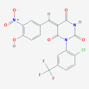 molecular formula C18H9ClF3N3O6 B5473736 (5Z)-1-[2-chloro-5-(trifluoromethyl)phenyl]-5-[(4-hydroxy-3-nitrophenyl)methylidene]-1,3-diazinane-2,4,6-trione 