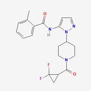 molecular formula C20H22F2N4O2 B5474452 N-(1-{1-[(2,2-difluorocyclopropyl)carbonyl]piperidin-4-yl}-1H-pyrazol-5-yl)-2-methylbenzamide 