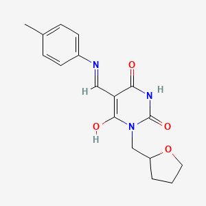 molecular formula C17H19N3O4 B5474630 5-{[(4-methylphenyl)amino]methylene}-1-(tetrahydro-2-furanylmethyl)-2,4,6(1H,3H,5H)-pyrimidinetrione 