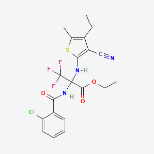 ETHYL 2-[(2-CHLOROPHENYL)FORMAMIDO]-2-[(3-CYANO-4-ETHYL-5-METHYLTHIOPHEN-2-YL)AMINO]-3,3,3-TRIFLUOROPROPANOATE