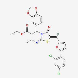 molecular formula C28H20Cl2N2O6S B5489852 ethyl 5-(1,3-benzodioxol-5-yl)-2-{[5-(2,4-dichlorophenyl)-2-furyl]methylene}-7-methyl-3-oxo-2,3-dihydro-5H-[1,3]thiazolo[3,2-a]pyrimidine-6-carboxylate 
