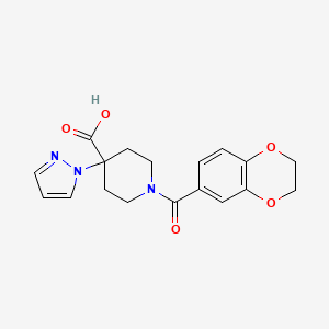 molecular formula C18H19N3O5 B5492099 1-(2,3-dihydro-1,4-benzodioxin-6-ylcarbonyl)-4-(1H-pyrazol-1-yl)piperidine-4-carboxylic acid 