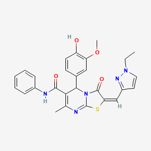 molecular formula C27H25N5O4S B5492883 2-[(1-ethyl-1H-pyrazol-3-yl)methylene]-5-(4-hydroxy-3-methoxyphenyl)-7-methyl-3-oxo-N-phenyl-2,3-dihydro-5H-[1,3]thiazolo[3,2-a]pyrimidine-6-carboxamide 
