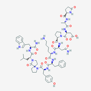 molecular formula C69H91N15O16 B549391 (3S)-4-[(2S)-2-[[(2S)-4-amino-1-[[(2S)-6-amino-1-[[(2S)-1-[[(2S)-1-[(5S)-7-[(2S)-1-[[(2S)-1-amino-3-(1H-indol-3-yl)-1-oxopropan-2-yl]amino]-4-methyl-1-oxopentan-2-yl]-6-oxo-1,7-diazaspiro[4.4]nonan-1-yl]-3-(4-hydroxyphenyl)-1-oxopropan-2-yl]amino]-1-oxo-3-phenylpropan-2-yl]amino]-1-oxohexan-2-yl]amino]-1,4-dioxobutan-2-yl]carbamoyl]pyrrolidin-1-yl]-4-oxo-3-[[(2S)-2-[[(2S)-5-oxopyrrolidine-2-carbonyl]amino]propanoyl]amino]butanoic acid CAS No. 129623-01-4