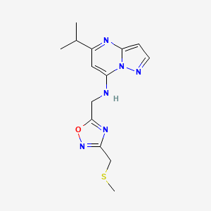 molecular formula C14H18N6OS B5496177 5-isopropyl-N-({3-[(methylthio)methyl]-1,2,4-oxadiazol-5-yl}methyl)pyrazolo[1,5-a]pyrimidin-7-amine 