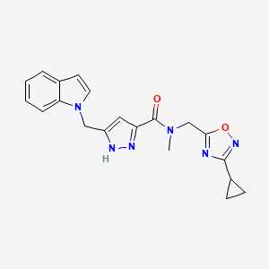 molecular formula C20H20N6O2 B5499025 N-[(3-cyclopropyl-1,2,4-oxadiazol-5-yl)methyl]-5-(1H-indol-1-ylmethyl)-N-methyl-1H-pyrazole-3-carboxamide 