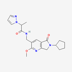 molecular formula C20H25N5O3 B5499050 N-[(6-cyclopentyl-2-methoxy-5-oxo-6,7-dihydro-5H-pyrrolo[3,4-b]pyridin-3-yl)methyl]-2-(1H-pyrazol-1-yl)propanamide 