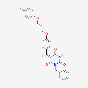 molecular formula C28H26N2O5 B5501357 1-benzyl-5-{4-[3-(4-methylphenoxy)propoxy]benzylidene}-2,4,6(1H,3H,5H)-pyrimidinetrione 