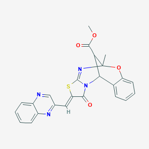 molecular formula C24H18N4O4S B5503976 methyl 9-methyl-14-oxo-13-(2-quinoxalinylmethylene)-8-oxa-12-thia-10,15-diazatetracyclo[7.6.1.0~2,7~.0~11,15~]hexadeca-2,4,6,10-tetraene-16-carboxylate 