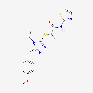 molecular formula C18H21N5O2S2 B5504899 2-{[4-ethyl-5-(4-methoxybenzyl)-4H-1,2,4-triazol-3-yl]thio}-N-1,3-thiazol-2-ylpropanamide 