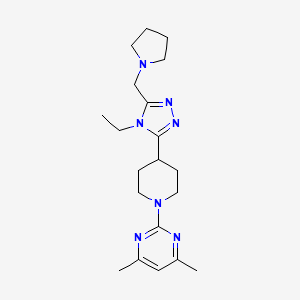 molecular formula C20H31N7 B5505692 2-{4-[4-ethyl-5-(pyrrolidin-1-ylmethyl)-4H-1,2,4-triazol-3-yl]piperidin-1-yl}-4,6-dimethylpyrimidine 